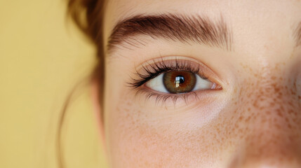 Close-up view of a young person's eye highlighting natural beauty and vivid detail against a warm yellow background