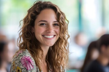 Wall Mural - Portrait of smiling young woman with curly hair