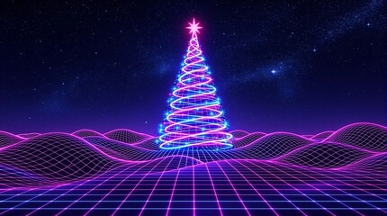 Poster - Futuristic Neon Christmas Tree on a Wavy Grid Background