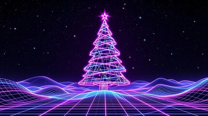 Poster - Futuristic Neon Christmas Tree on a Wavy Grid Background