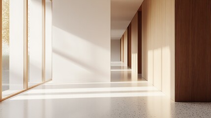 Poster - Sunlit Minimalist Hallway with Wooden Accents and Large Windows for Modern Architecture Theme : Generative AI
