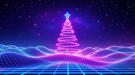 Poster - Futuristic Neon Christmas Tree on a Wavy Grid Background