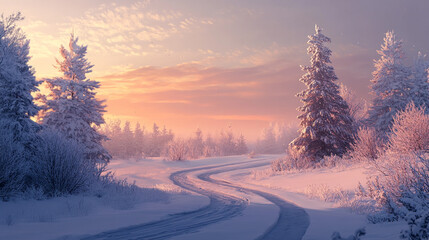 A serene winter landscape featuring a frosted tree and frozen surface, trees and cloud cover on a sunny winter day, snowy farmland under blue sky with white fluffy clouds and road side trees.