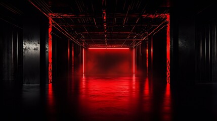 Aufkleber - Futuristic Red Lit Industrial Tunnel with Dimmed Ambience : Generative AI