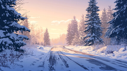 A serene winter landscape featuring a frosted tree and frozen surface, trees and cloud cover on a sunny winter day, snowy farmland under blue sky with white fluffy clouds and road side trees.