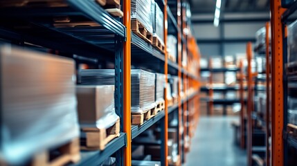 Aufkleber - Modern Industrial Warehouse Aisle with High Shelving and Stocked Pallets : Generative AI