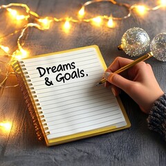 Wall Mural - new year dreams and planning. notebook with dreams and goals written, surrounded by lights.