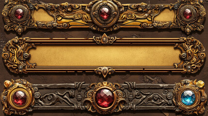 Poster - Cartoon set of square golden game rank frames isolated on background. Vector illustration of medieval borders with nameplates, gemstones and shiny forged iron ornaments. User interface design elements