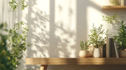Poster - Sunlit Minimalistic Green Indoor Plants Casting Shadows on Wall : Generative AI