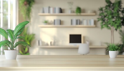 Poster - Minimalist Home Office with Indoor Plants and Shelves in Soft Light : Generative AI