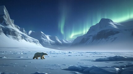 Wall Mural - A frozen wilderness landscape featuring a serene arctic tundra. Snow-covered peaks tower in the background while a lone polar bear traverses the icy terrain