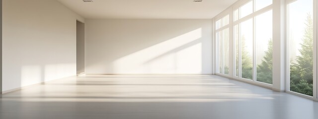 Poster - Spacious Sunlit Room with Large Windows and Forest View for Interior Design : Generative AI