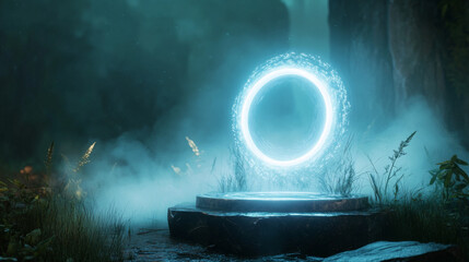 Poster - Circle light effect hologram glow magic portal. Energy mist in futuristic teleport ring. Hud technology fantasy round platform with projector and spiral steam power twirl. Aura shine orb hole stage