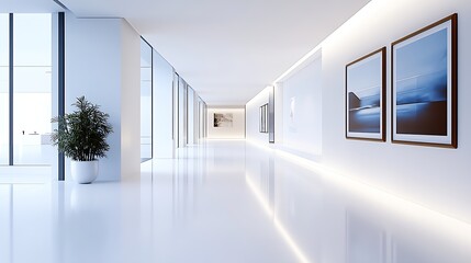 Poster - Minimalist modern office corridor with bright lighting contemporary decor and framed artworks displayed : Generative AI
