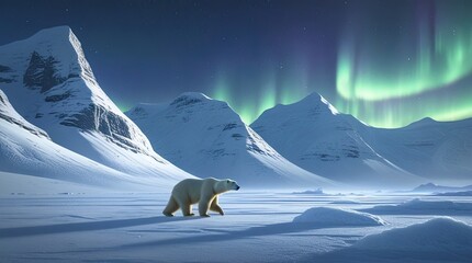 A frozen wilderness landscape featuring a serene arctic tundra. Snow-covered peaks tower in the background while a lone polar bear traverses the icy terrain