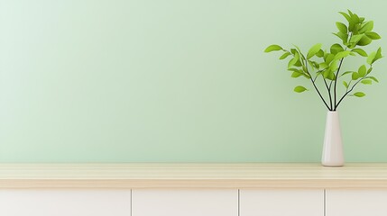 Poster - Minimalist Interior Design with Green Wall and Simple White Vase Holding Vibrant Green Plant : Generative AI