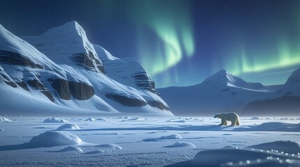 A frozen wilderness landscape featuring a serene arctic tundra. Snow-covered peaks tower in the background while a lone polar bear traverses the icy terrain