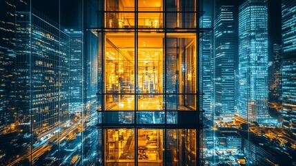 Aufkleber - Futuristic skyscraper with illuminated office interiors against vibrant night city lights : Generative AI