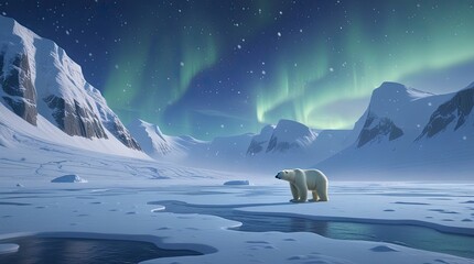 Wall Mural - A frozen wilderness landscape featuring a serene arctic tundra. Snow-covered peaks tower in the background while a lone polar bear traverses the icy terrain