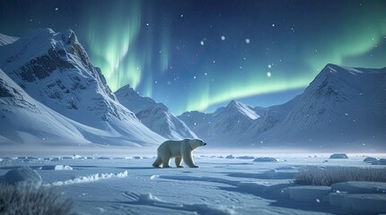 Wall Mural - A frozen wilderness landscape featuring a serene arctic tundra. Snow-covered peaks tower in the background while a lone polar bear traverses the icy terrain