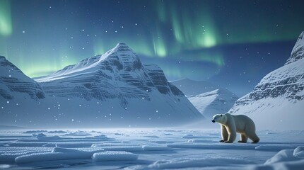 Wall Mural - A frozen wilderness landscape featuring a serene arctic tundra. Snow-covered peaks tower in the background while a lone polar bear traverses the icy terrain