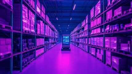 Aufkleber - Vibrant Neon Pink Warehouse Aisle With Robotic Transport Device : Generative AI