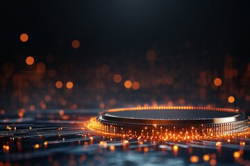 Poster - Futuristic digital landscape with glowing elements in a dark setting
