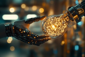 Poster - Robotic hand and human hand exchange glowing light bulb in futuristic setting
