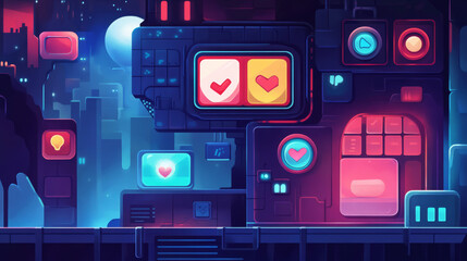 Poster - Game user profile elements with avatar, progress bars and icons in round and square red frames. Vector cartoon set of game interface design for display username, health, energy and assets