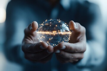 Poster - Bright technological sphere held in hands symbolizes global connectivity and innovation in modern world