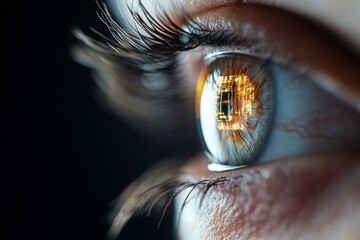 Poster - Close-up view of a human eye reflecting intricate digital patterns in a dark environment