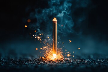Aufkleber - Spark of creativity ignites as a colorful crayon stands upright amidst a cloud of smoke and sparks