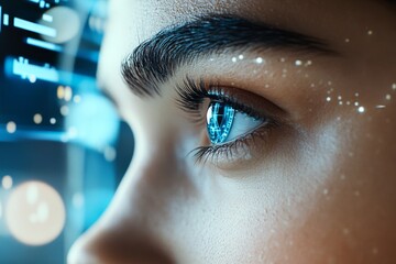Poster - Close-up of an eye showcasing digital data and technology interactions in a futuristic context