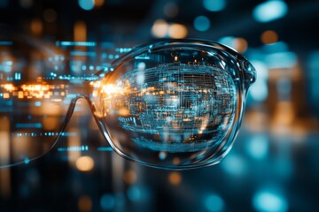 Poster - High-tech glasses reflecting digital data in a futuristic setting with glowing elements