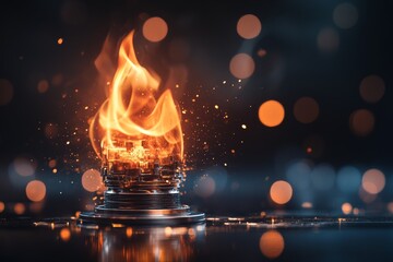 Poster - Dynamic flames dance above a metallic base surrounded by glowing sparks in an artistic setup