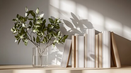 Poster - Modern Home Decor with Books and Lush Green Plant in Soft Light of Contemporary Minimalist Space : Generative AI