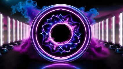 Poster - Purple and blue magical geometric circle neon portal shrouded. Round glowing frame. Futuristic teleporter. Light effect.