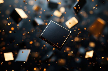 Aufkleber - Abstract concept of technology with floating microchips and particles creating a mesmerizing visual effect against a dark background, representing innovation and digital transformation.
