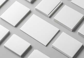 Poster - Aesthetic Arrangement of Blank White Paper Sheets on a Gray Surface for Creative Design, Stationery, or Minimalist Art Projects