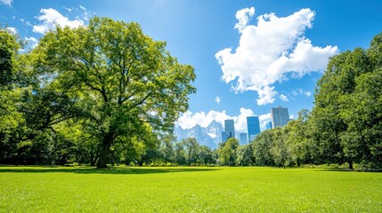 Wall Mural - Lush green park with city skyline in background.