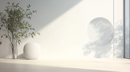 Poster - Modern Minimalist Room with White Sphere and Plant in Sunlight : Generative AI