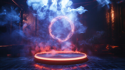 Poster - White neon game portal with smoke and glow effect. Realistic vector illustration set of magic teleport podium with beams and steam for gui concept. Futuristic cyberpunk round port with ray and fog.