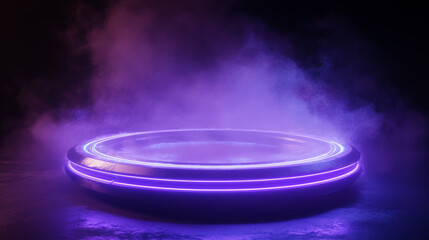 Poster - White neon game portal with smoke and glow effect. Realistic vector illustration set of magic teleport podium with beams and steam for gui concept. Futuristic cyberpunk round port with ray and fog.