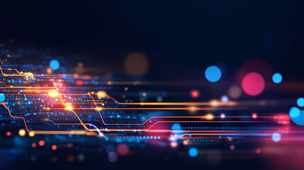 Poster - Colorful light trails and digital patterns representing technology and innovation in a futuristic setting