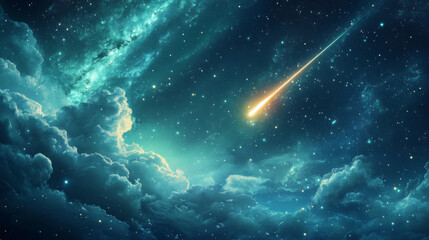 Wall Mural - Green nebula galaxy background abstract sky light. Night aurora vector texture with star or comet falling in cosmos. Magic northern concept with bright borealis shine realistic banner backdrop.