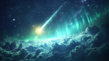 Wall Mural - Green nebula galaxy background abstract sky light. Night aurora vector texture with star or comet falling in cosmos. Magic northern concept with bright borealis shine realistic banner backdrop.