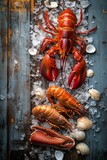 Freshly caught lobster and shellfish arranged on a rustic wooden surface with ice and seashells in a natural