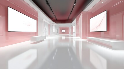 Poster - Bright and Spacious Art Gallery with Pink Accents and Modern Light Fixtures : Generative AI