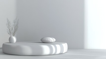 Poster - Minimalist White Interior with Cushion and Dried Plant in Soft Light : Generative AI