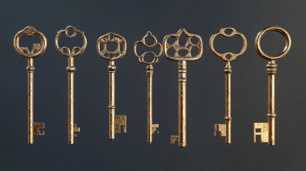 Poster - Old gold keys collection isolated on transparent background. Vector realistic set of vintage decorative golden keys for lock, house door or treasure. 3d shiny symbols of secret, security and privacy